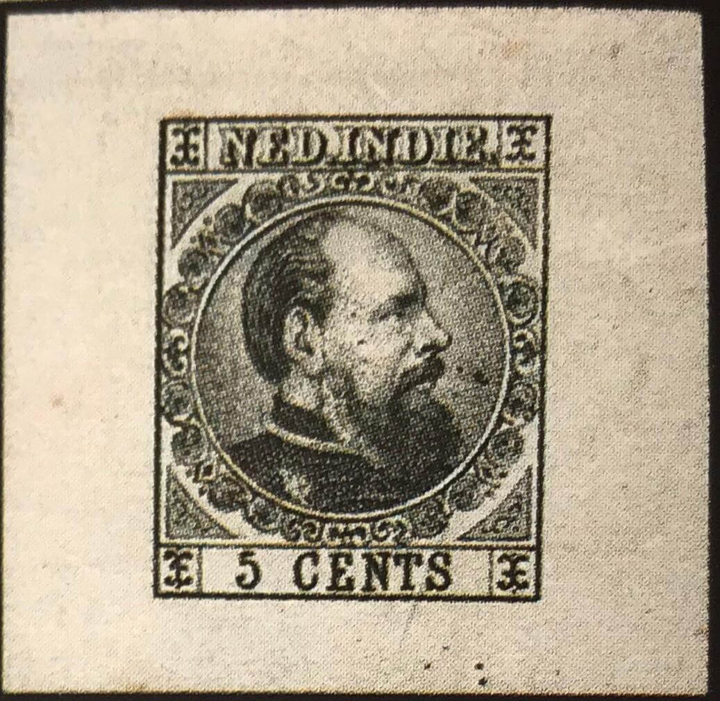 Desain prangko Raja Willem 3, 1868. Hanya ditemukan empat lembar, perkiraan harga Rp 85 juta.